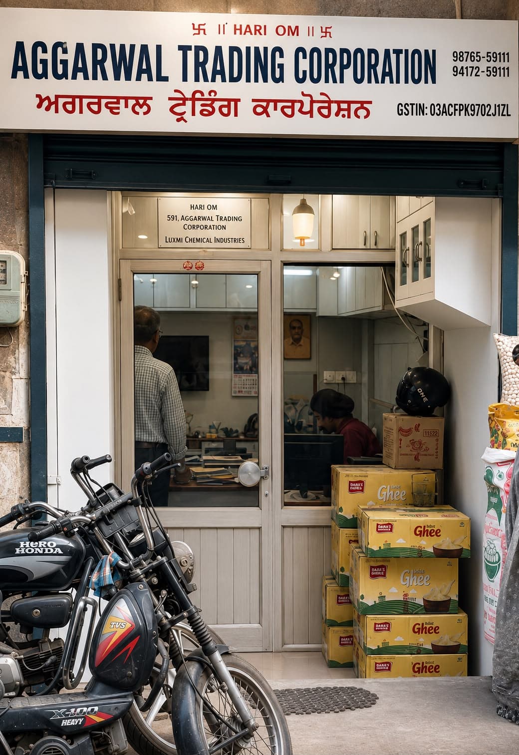The Aggarwal Trading Corporation shop front in Main Bazar, Kesar Ganj, Ludhiana